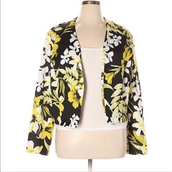 Ashley Stewart 18 black/green/white/yellow floral open low-hi hem stretch blazer - Picture 1 of 8